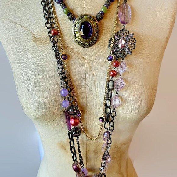 Vintage Layered Necklace Lot: Black Purple Boho Statement 4 Piece Purple Chicos - Picture 2 of 5